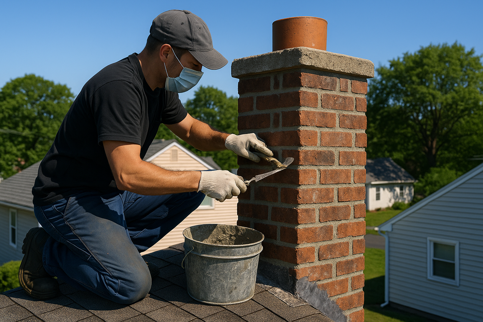 Technician installing a new chimney cap in East Hartford, CT